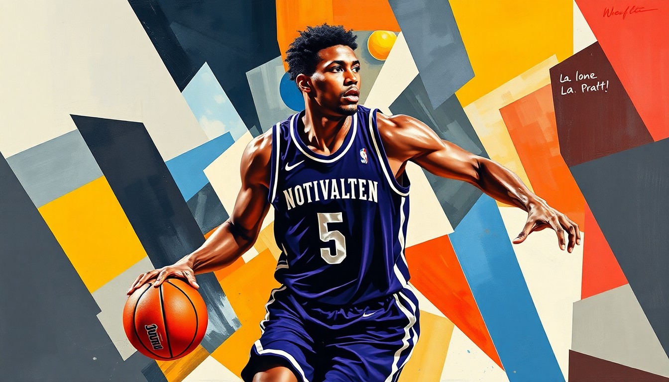 A cubist, geometric painting depicting a basketball player in motion, with sharp, overlapping planes of color and form representing the dynamic nature of the sport.