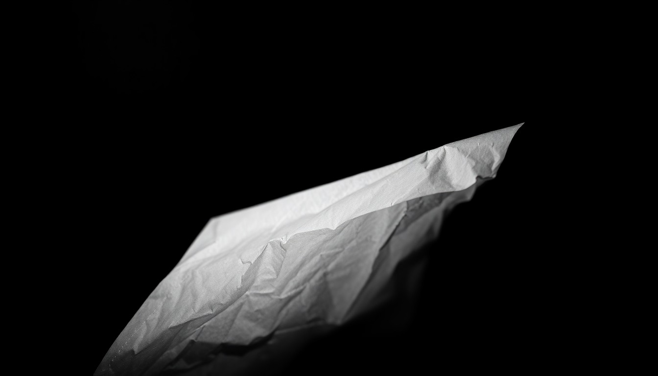 An extreme close-up of a crumpled legal document or envelope, the harsh flash lighting creating a stark, gritty aesthetic that conceptually represents the intimidation faced by those who have come forward with allegations of harassment.