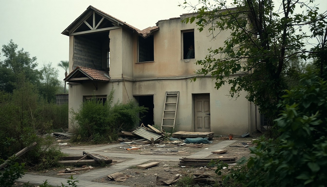 A blurry, out-of-focus photograph showing the partially collapsed remains of a dilapidated building, with scattered debris and overgrown vegetation, conveying a sense of urban decay and neglect.