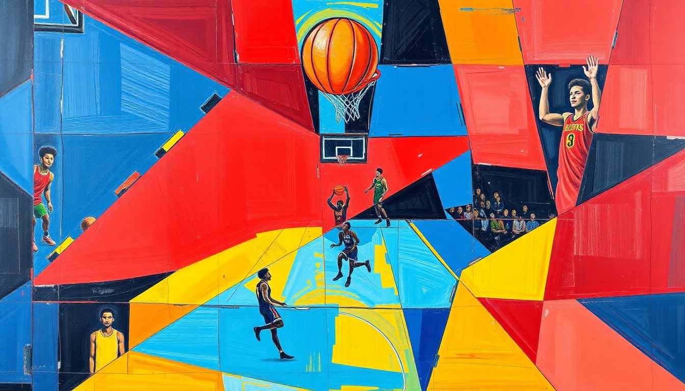 A cubist, geometric painting depicting a basketball game broken down into overlapping planes of bright red, blue, and yellow shapes, capturing the dynamic energy of the sport.