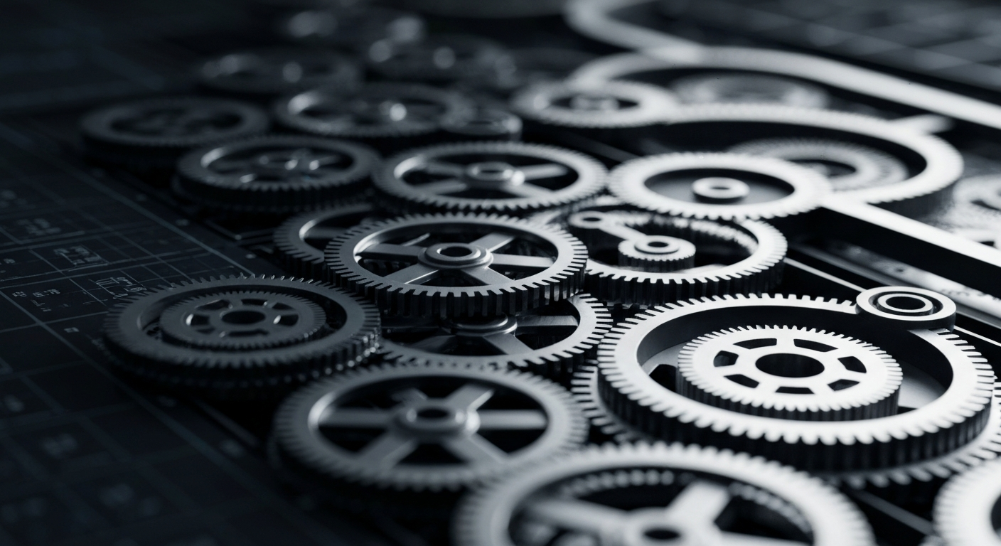 An extreme close-up of the intricate, industrial-looking mechanisms and gears of a high-tech financial trading system, conveying the power and complexity of modern finance without any text or identifiable elements.