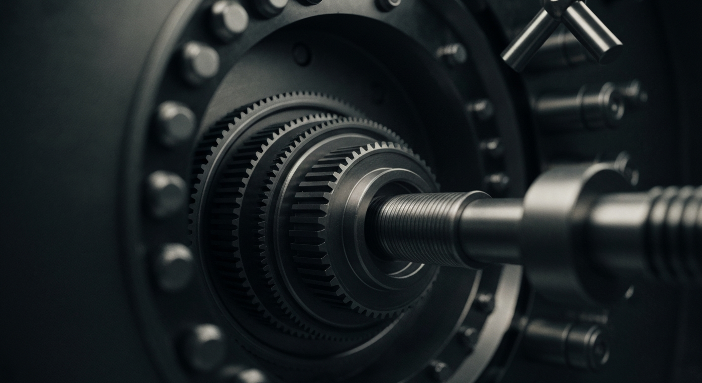 An extreme close-up of the complex gears, levers, and mechanisms of a bank vault, conveying a sense of the heavy, industrial infrastructure that powers the global financial system.