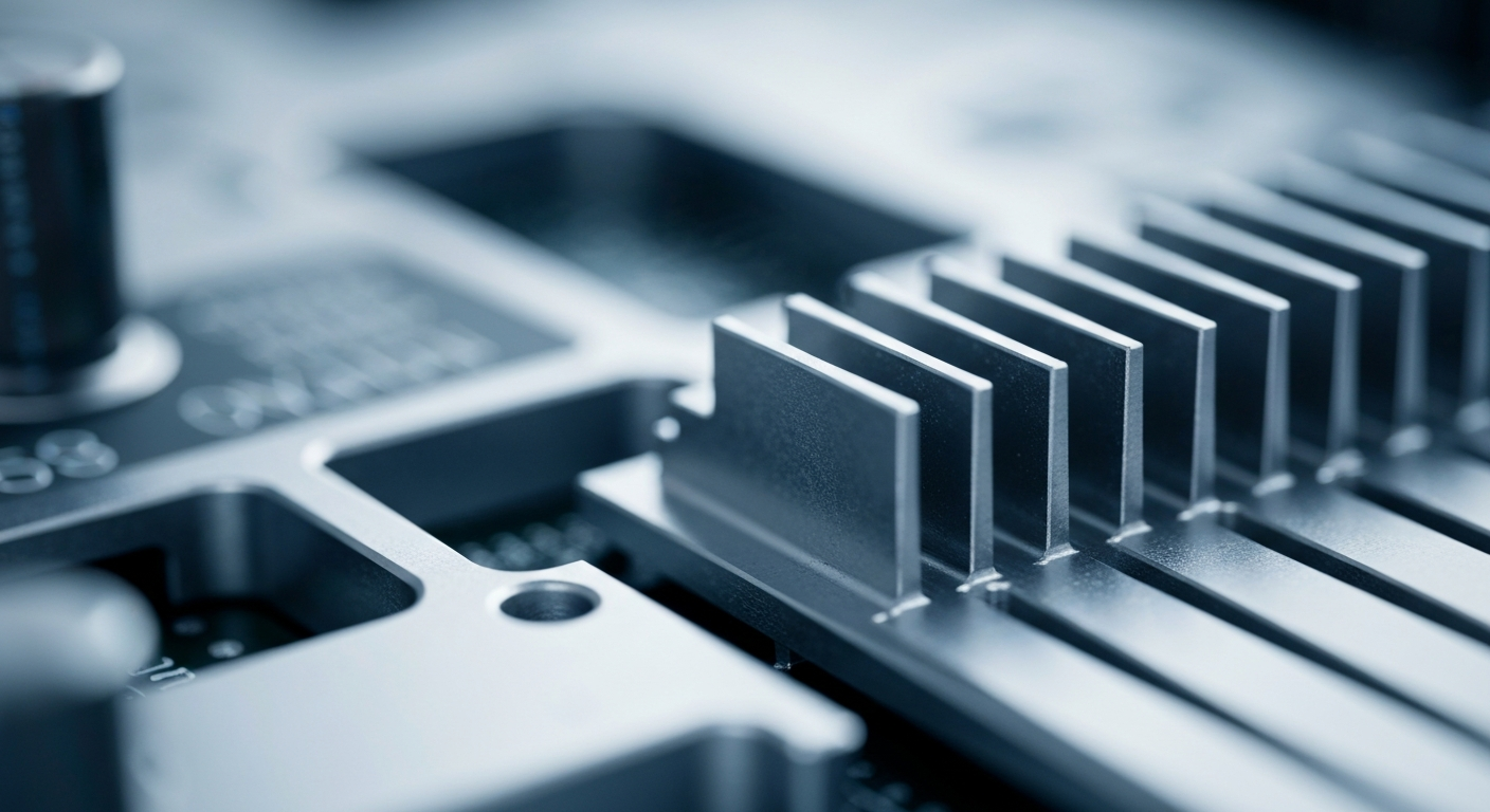 An extreme close-up of NVIDIA's complex, industrial-grade GPU components and cooling systems, dramatically lit against a dark background, representing the company's technological prowess and leadership in the semiconductor industry.