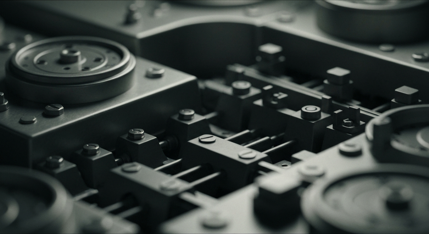 An extreme close-up of complex, interlocking gears and mechanisms of a banking machine, conveying a sense of institutional power and financial security without using literal currency or charts.