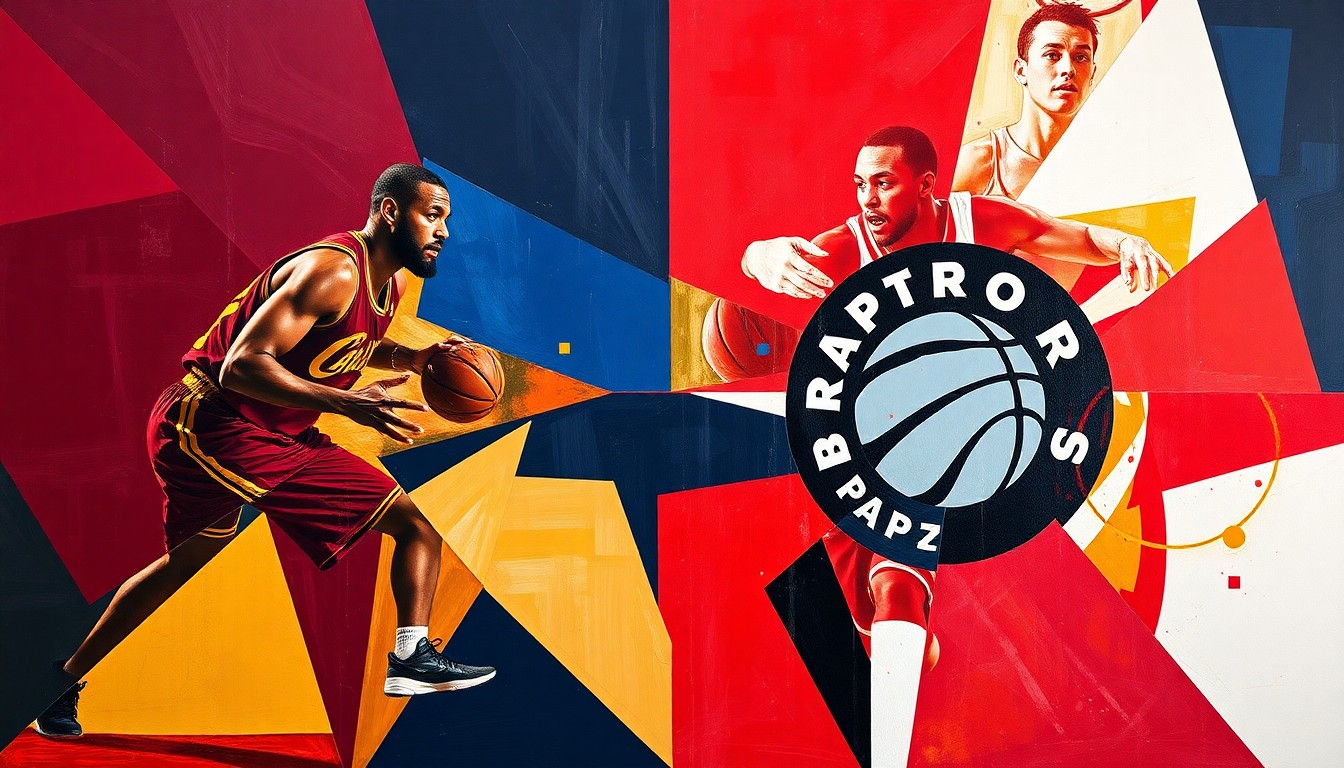 A fractured, cubist-style painting depicting an abstract basketball game between the Cleveland Cavaliers and Toronto Raptors, with the players' forms broken down into sharp, overlapping geometric shapes and planes of vibrant team colors.
