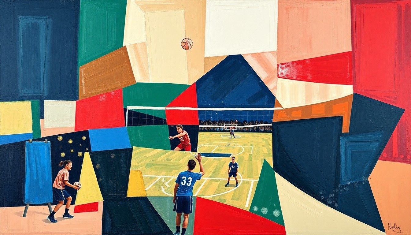 A cubist, geometric painting depicting a high school volleyball game, with overlapping planes of navy, green, and red representing the dynamic action on the court.