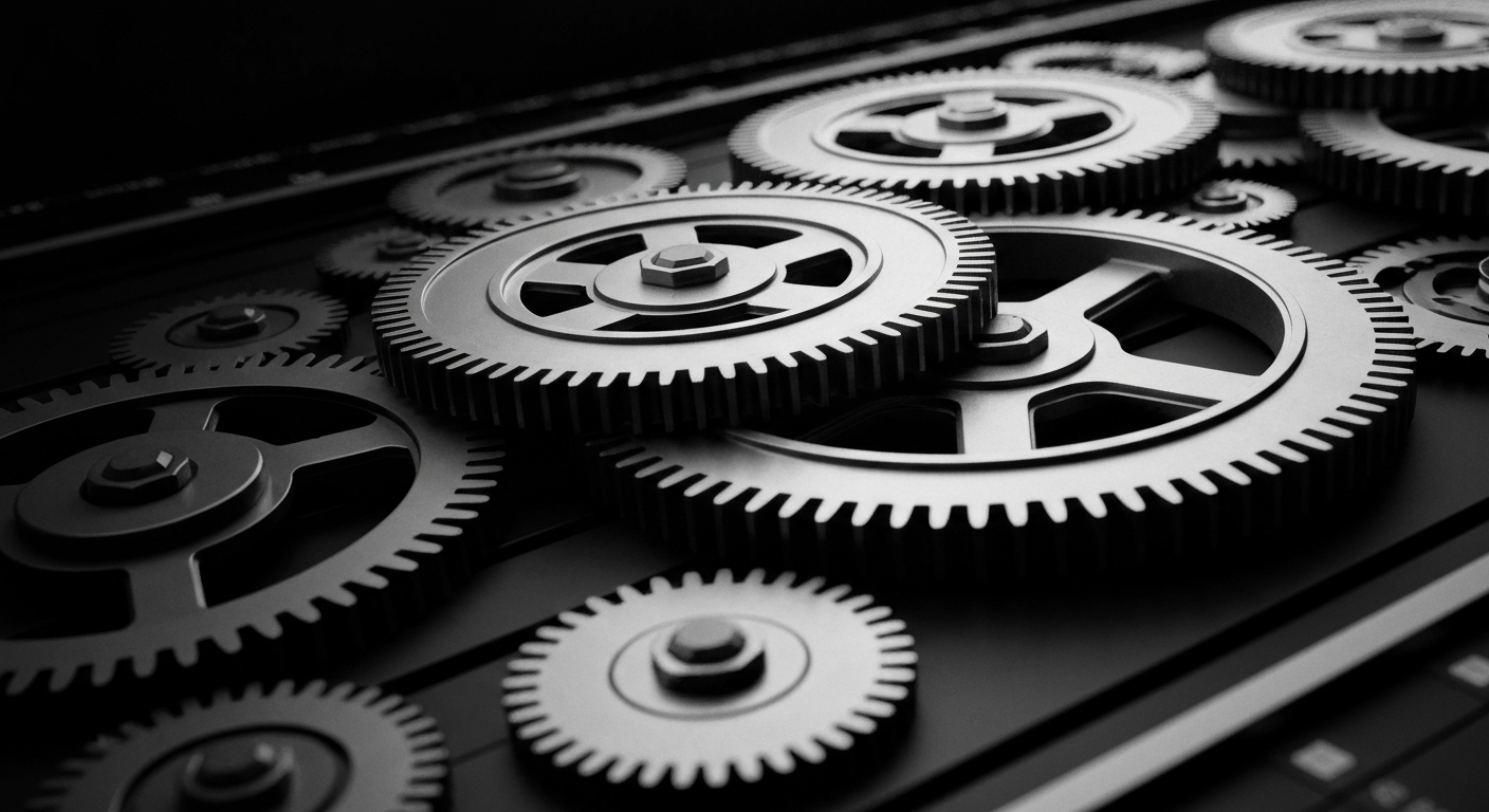 An extreme close-up of the gears, circuits, and mechanisms of a financial trading platform, rendered in high-contrast black and white tones to create a powerful, industrial visual metaphor for the complex systems underlying modern finance.