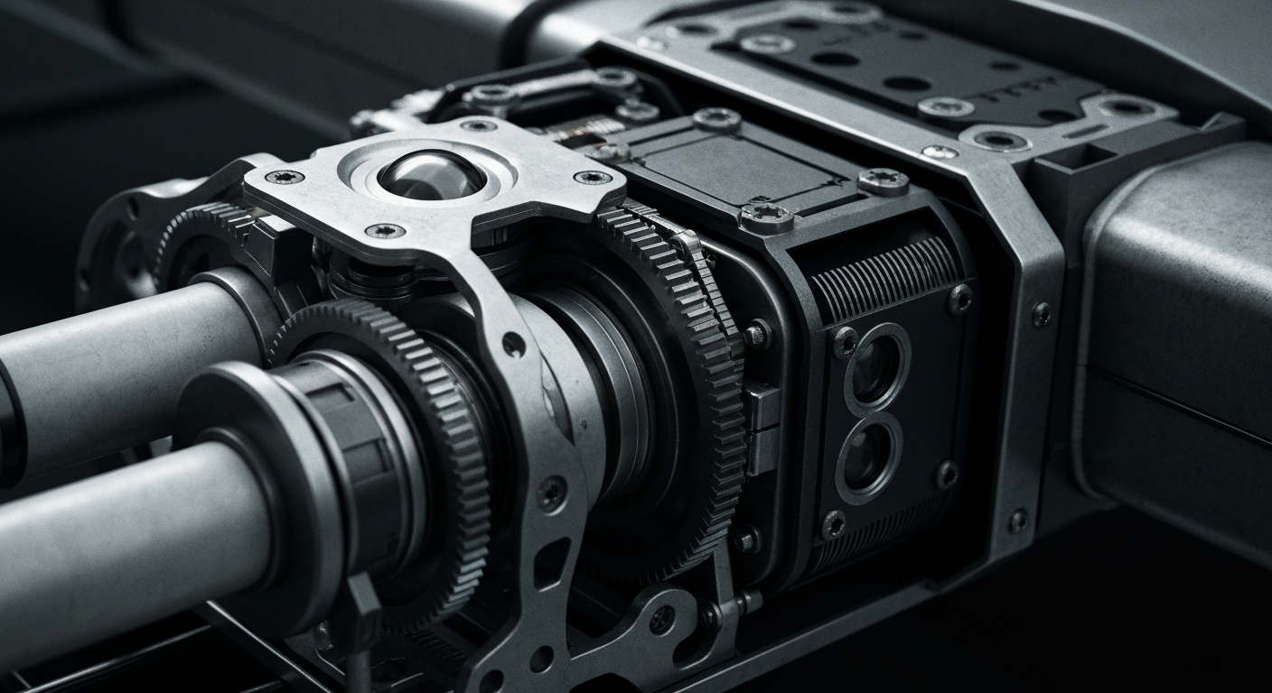 A close-up, cinematic view of the intricate gears, sensors, and mechanical components that make up the internal workings of a high-tech drone or unmanned aerial vehicle, rendered in a gritty, industrial style.