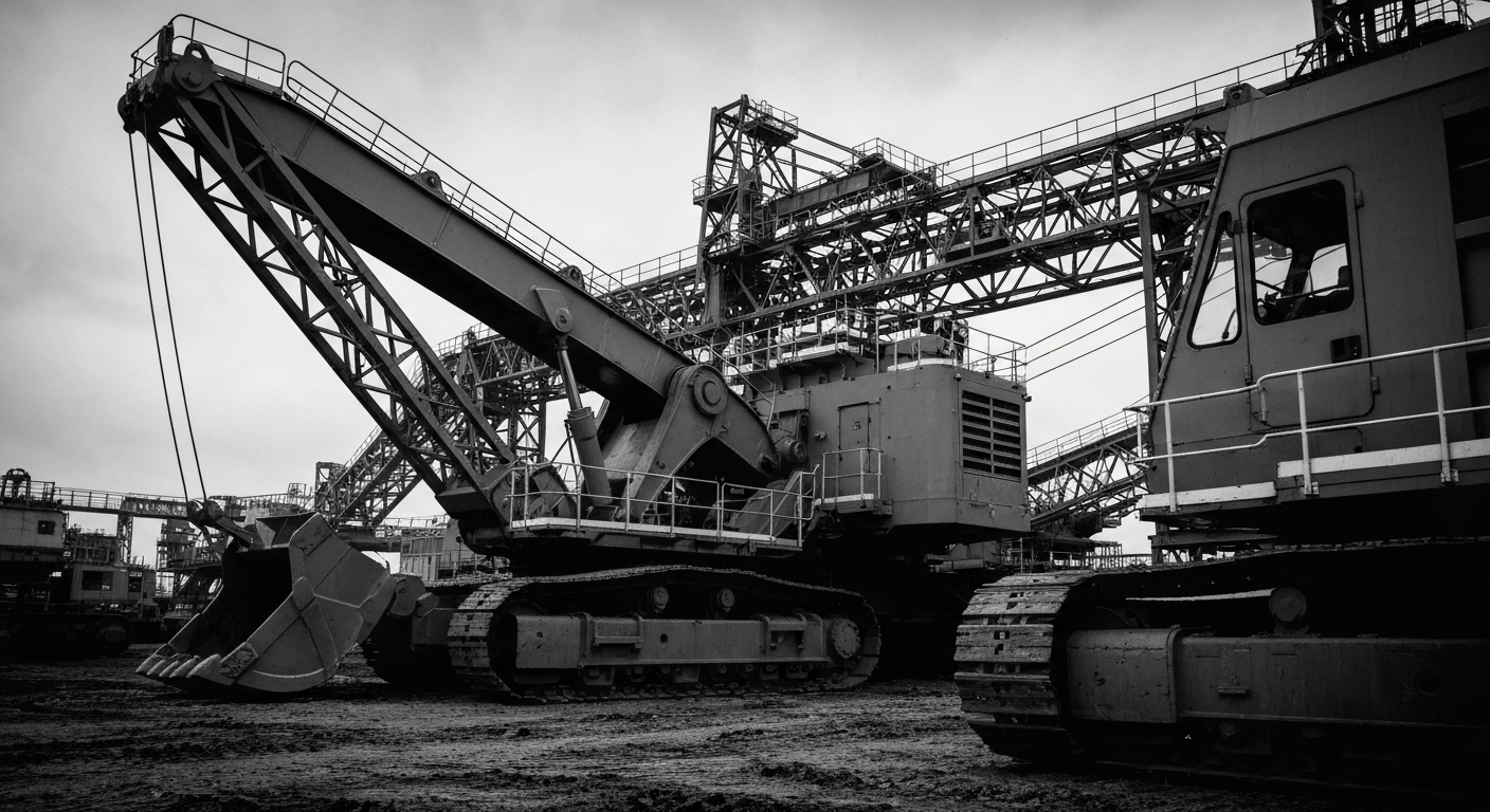 A high-contrast, close-up photograph of heavy mining equipment and machinery, such as drills, excavators, and conveyor belts, representing the industrial and technological aspects of the company's resource extraction activities.