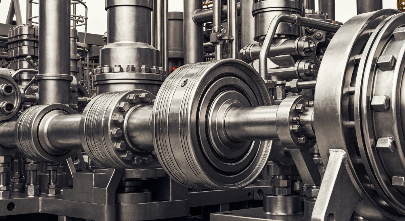 An extreme close-up of gleaming, intricate industrial machinery and components, representing the technological sophistication of Oceaneering International's offshore operations.