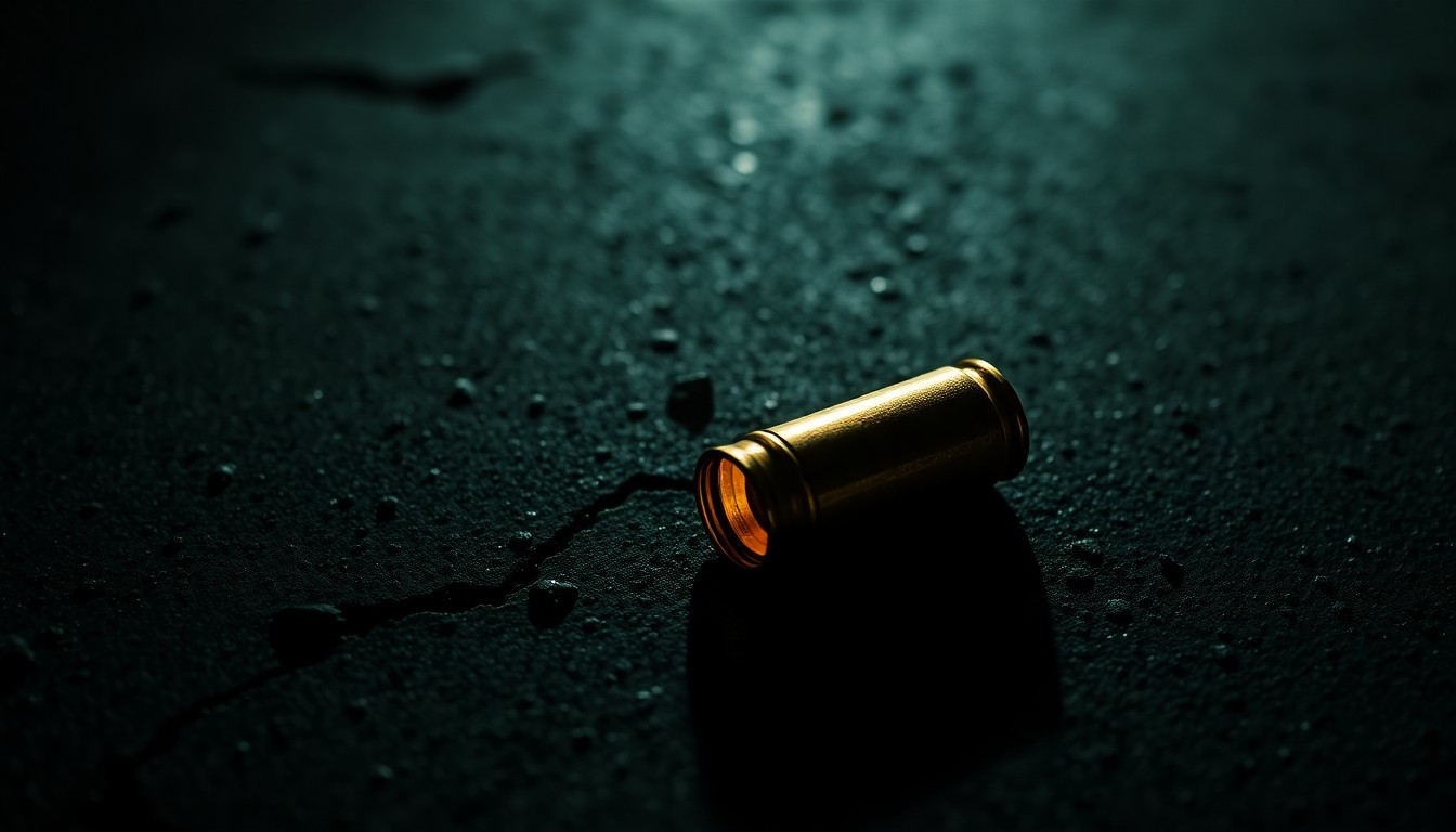 An extreme close-up photograph of a single spent bullet casing on a dark concrete surface, lit by a harsh, direct camera flash, conceptually representing the aftermath of a deadly shooting incident.