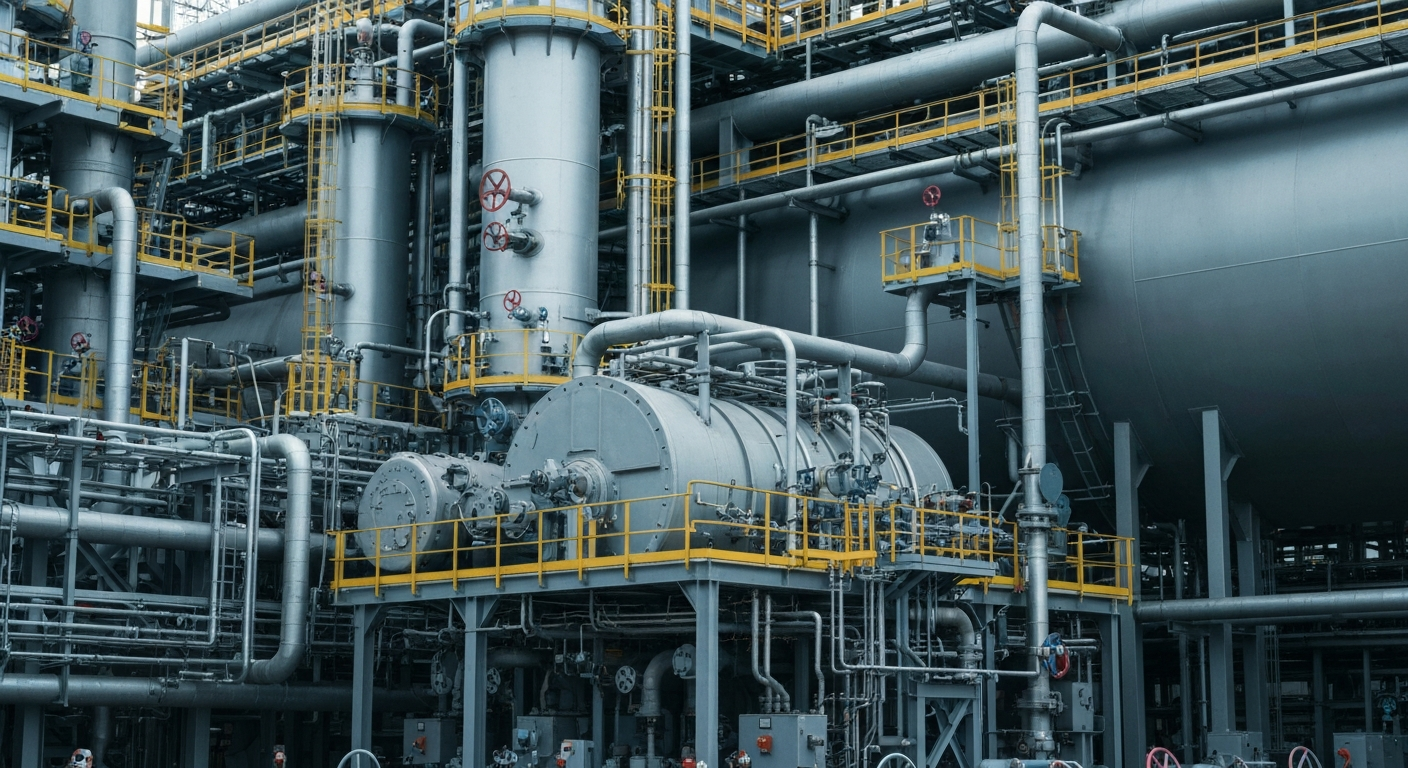 A cinematic close-up of intricate, heavy industrial machinery and equipment used in liquefied natural gas (LNG) production, conveying the scale, complexity, and technical prowess required to build and operate an LNG export terminal.