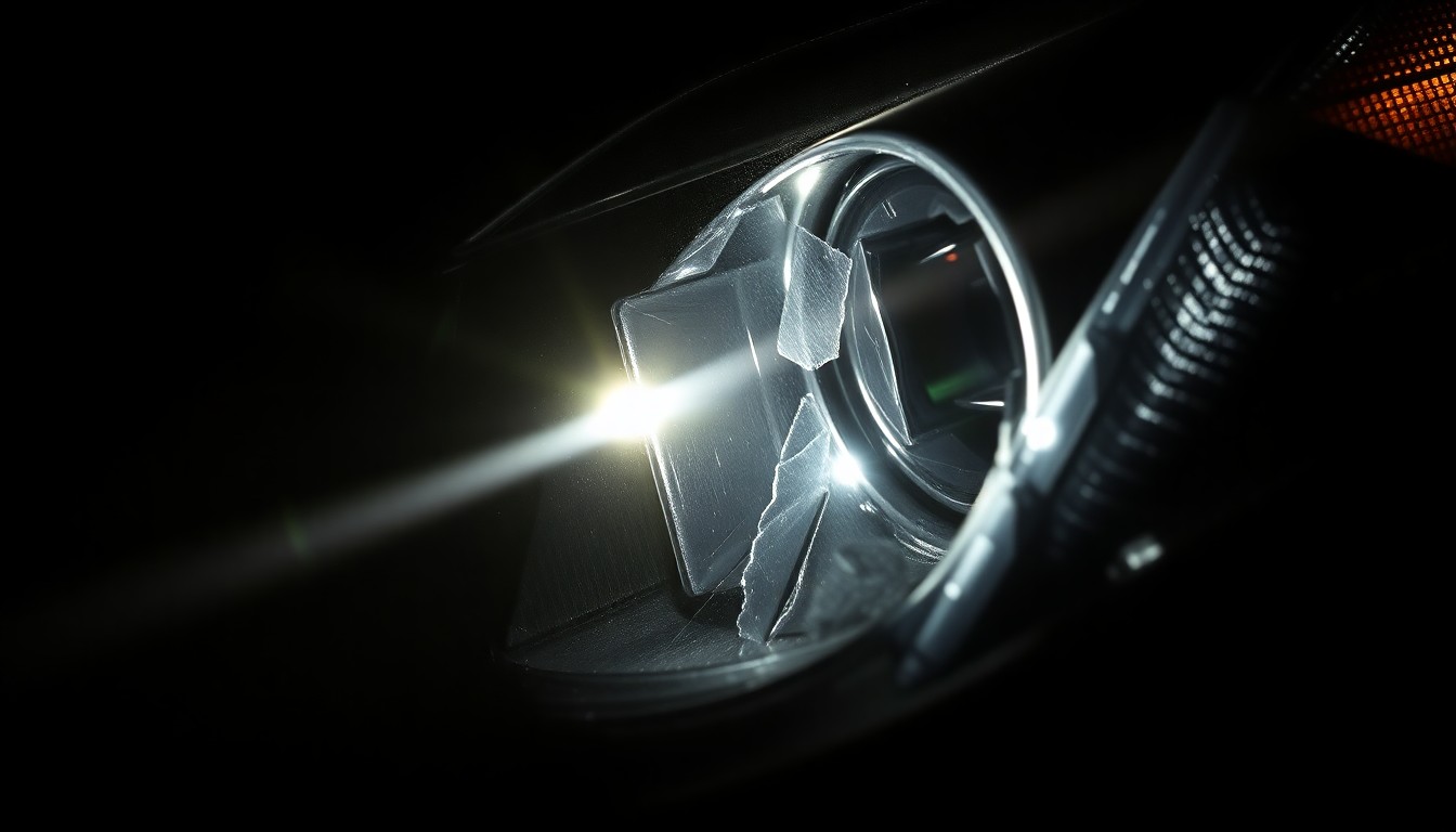 An extreme close-up photograph of a damaged car sensor or headlight lens, lit by a harsh, direct camera flash against a pitch-black background, conceptually illustrating the aftermath of a police vehicle collision.