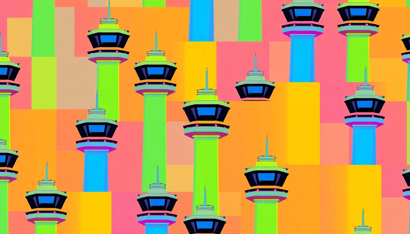 A boldly colored, silkscreen-style illustration of an air traffic control tower repeated in a grid pattern, capturing the iconic nature of this infrastructure in a modern, pop art style.