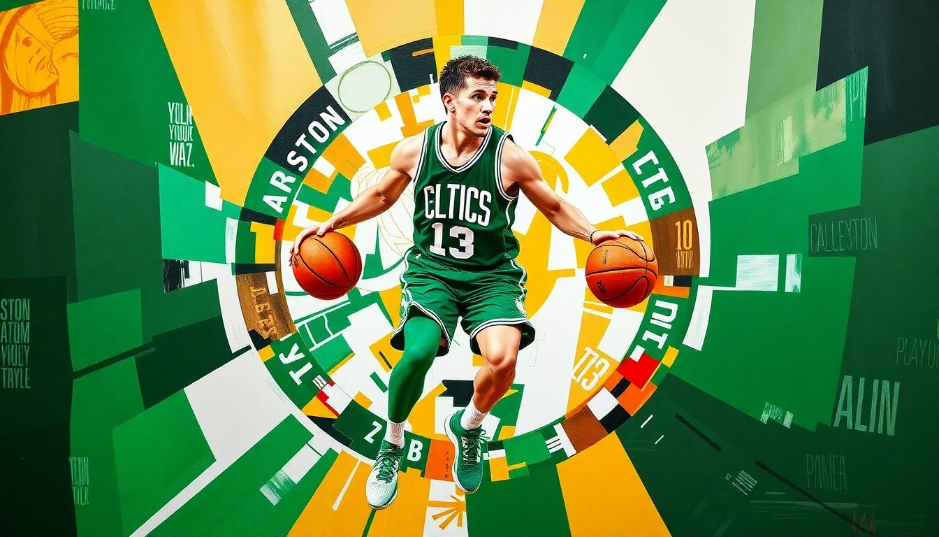 A fractured, cubist-style painting depicting the dynamic movements and energy of Jayson Tatum playing basketball, with the Celtics' team colors of green, white, and gold used throughout the geometric composition.