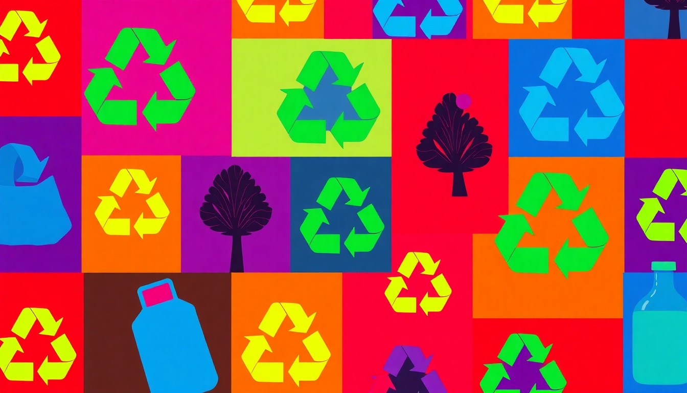 A brightly colored, high-contrast silkscreen print of an environmental symbol such as a recycling logo or a tree, repeated in a tight grid pattern with overlapping neon colors and heavy black outlines, creating a modern pop art representation of the Earth Day celebration.