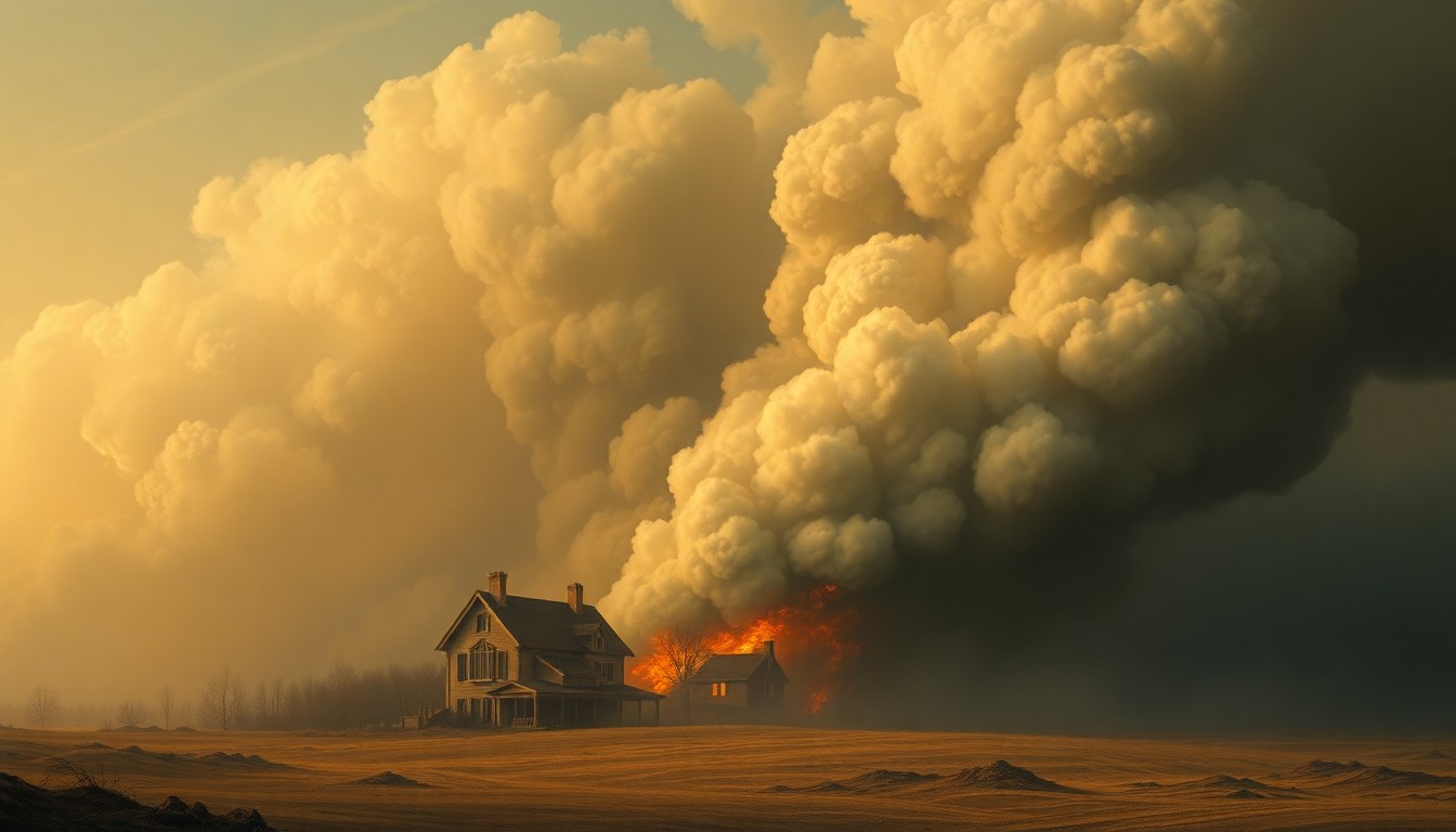 A sweeping, atmospheric landscape painting showing a burning house consumed by thick, swirling smoke that dominates the scene, conveying the devastating scale of the natural disaster.