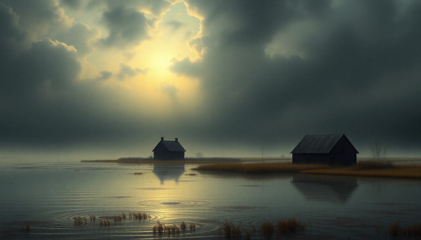 A sweeping, atmospheric landscape painting in muted tones of gray, blue, and green, depicting a partially submerged farmhouse and barn in the foreground, surrounded by a vast, flooded expanse shrouded in heavy mist, conveying the overwhelming scale and impact of the severe weather events.