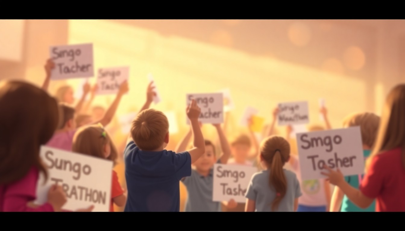 An abstract, out-of-focus image of a school pep rally, with blurred figures and bright splashes of color, conveying the celebratory energy and community support for a teacher's marathon journey.