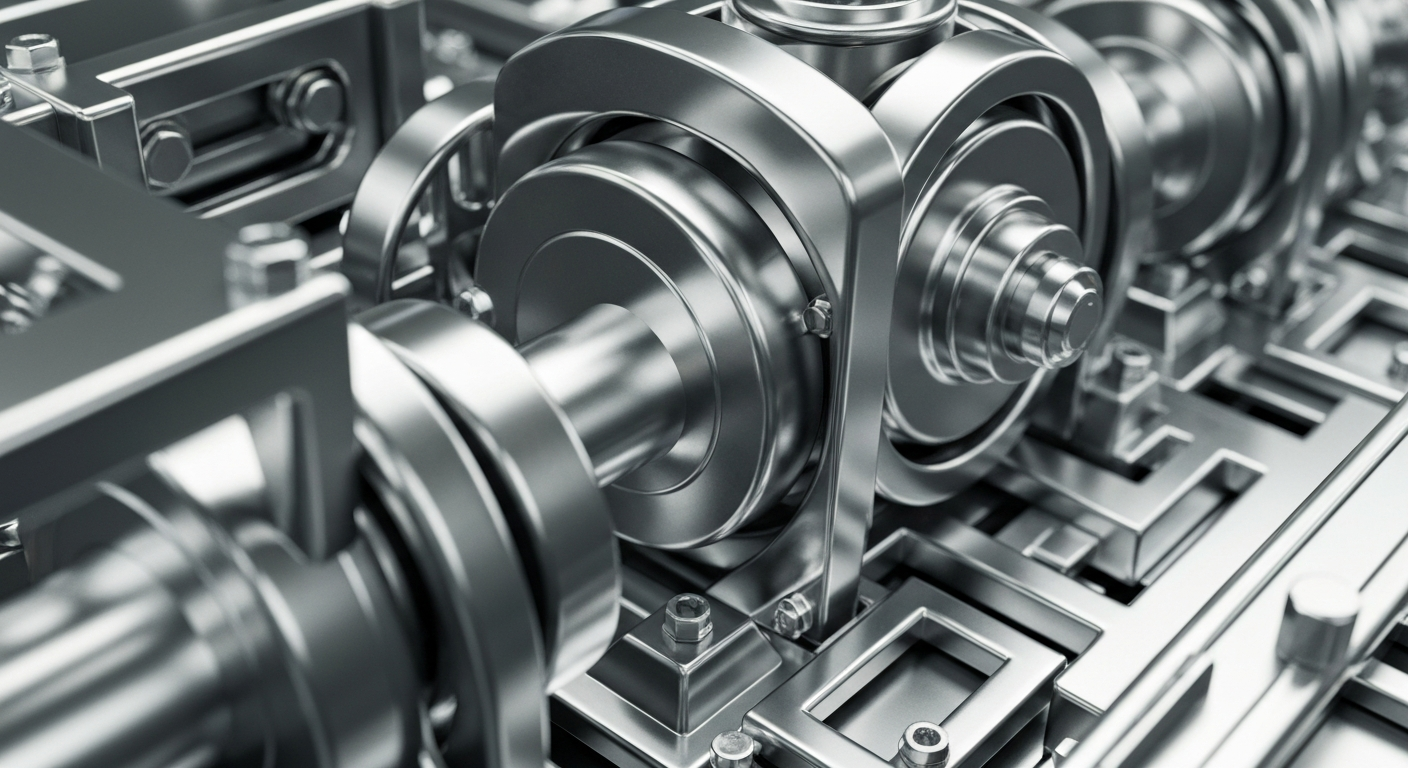 An extreme close-up of highly detailed, industrial banking machinery and mechanisms in shades of silver, steel, and chrome, conveying the secure infrastructure and institutional strength of the financial system.