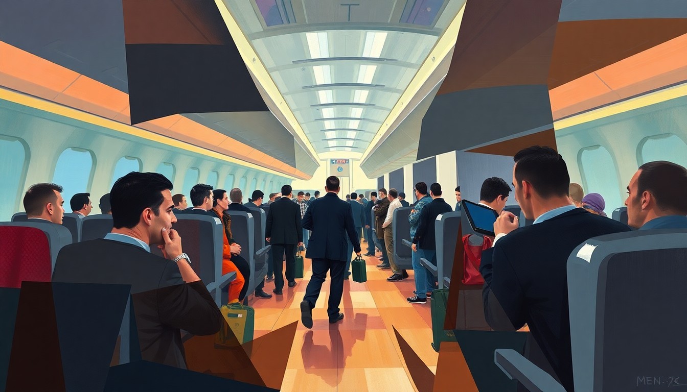 A fractured, geometric painting depicting the chaotic scene of Arman Tsarukyan being removed from an airplane, with overlapping planes of color and form representing the different perspectives and tensions involved.