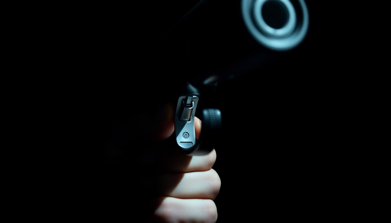 An extreme close-up photograph of a handgun trigger and grip against a pitch-black background, creating a stark, gritty, investigative aesthetic through the use of harsh, direct flash lighting.
