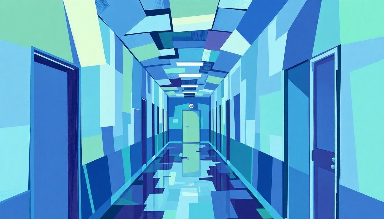 A vibrant, abstract painting with overlapping geometric shapes and lines in shades of blue, green, and purple, conceptually representing the disruption and uncertainty caused by the federal crackdown on gender-inclusive school policies in Kansas.