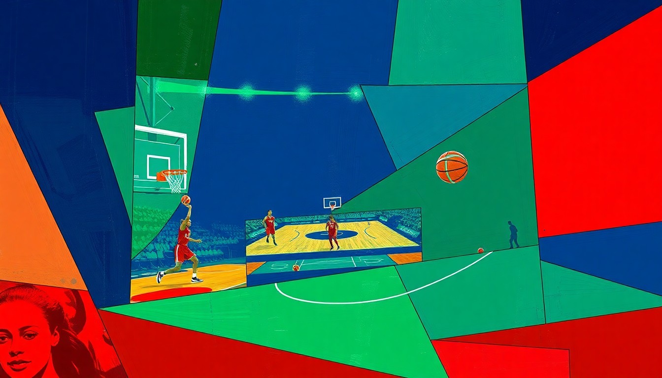 A cubist, geometric painting depicting a fragmented WNBA basketball game, with sharp planes of navy, green, and red overlapping to create a dynamic, abstract composition.