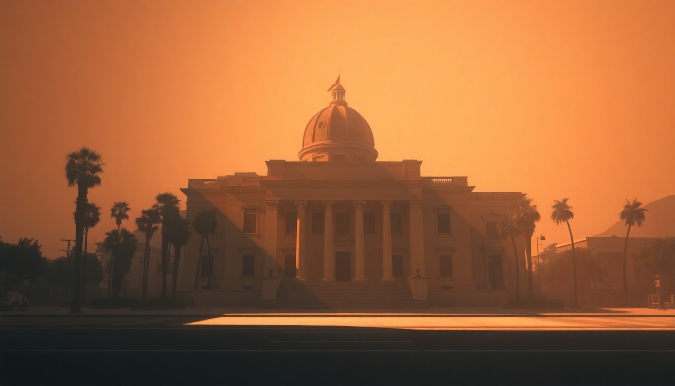 A photorealistic painting of the Los Angeles City Hall building, with the structure bathed in warm, golden light and deep shadows, conveying a sense of political isolation and disconnect from the city's real-world challenges.