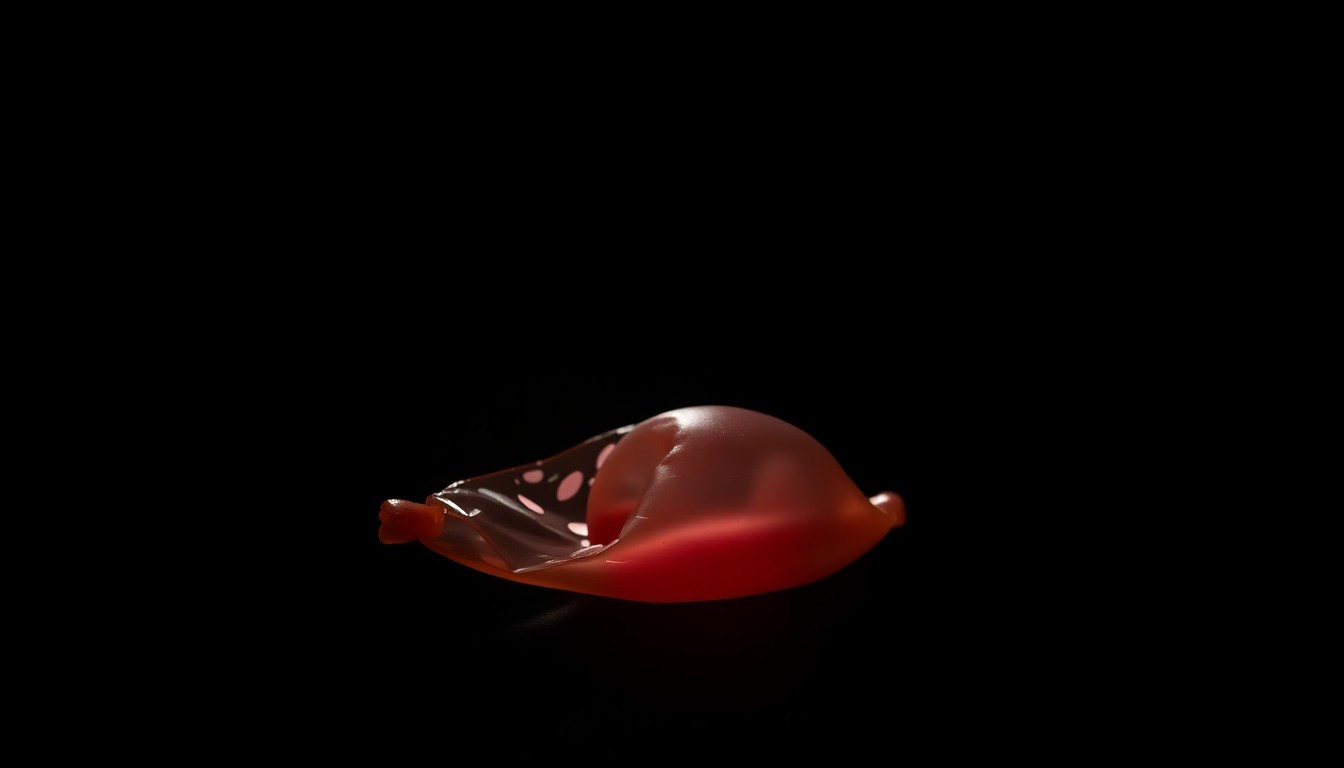 An extreme close-up photograph of a used condom on a dark background, lit by a harsh, direct camera flash, conceptually representing the investigation into prostitution and human trafficking at the massage parlors.