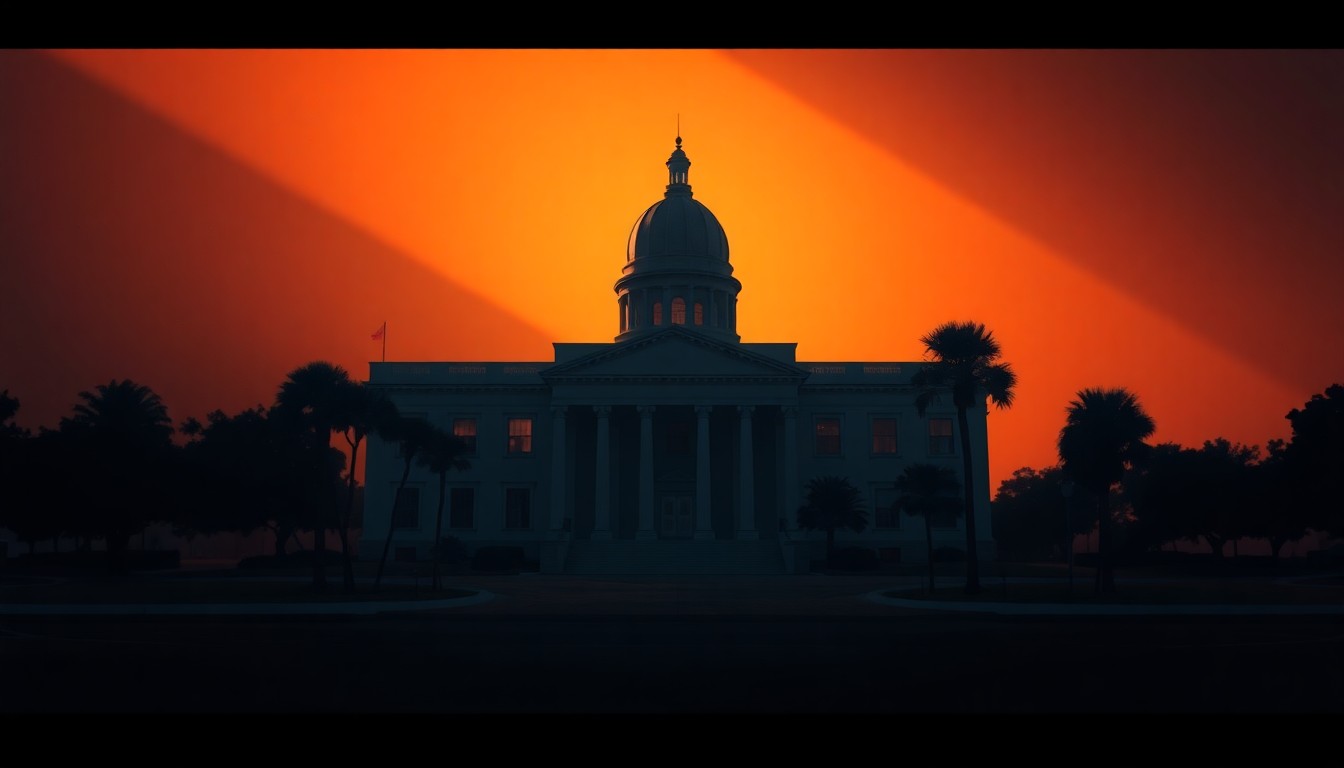 A serene, photorealistic painting of a state capitol building in Florida, with the structure bathed in warm, golden sunlight and surrounded by deep shadows, conveying a sense of quiet contemplation and political uncertainty.