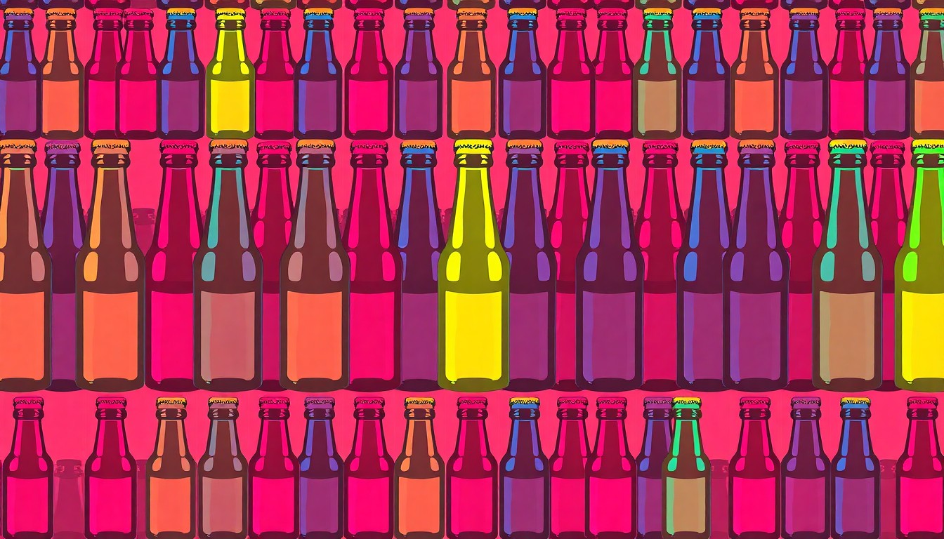 A bold, colorful silkscreen-style illustration featuring a repeating pattern of a single craft beer bottle or glass in vibrant neon hues, conceptually representing the energy and creativity of Portland's thriving beer culture.