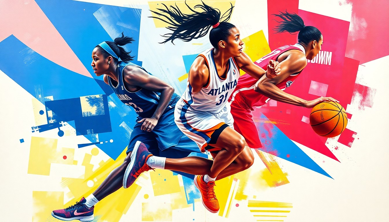 A fractured, cubist-style painting depicting the dynamic movements and energy of a basketball player, with the bright colors of the Atlanta Dream and Chicago Sky uniforms overlapping in an abstract composition.