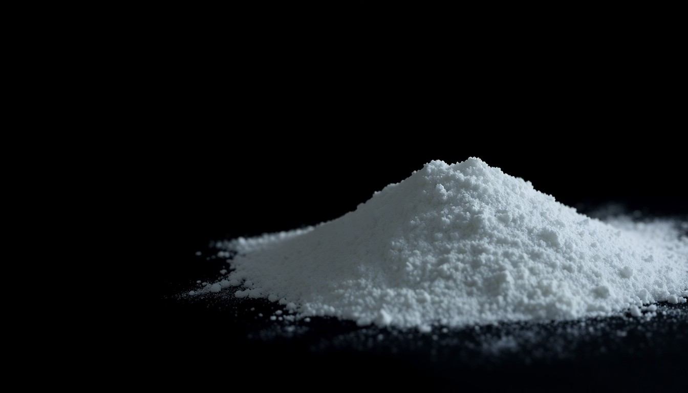 An extreme close-up of a pile of white powder cocaine, the texture and details of the drugs sharply illuminated by a harsh camera flash against a dark background, conceptually representing the interdiction of a large drug shipment.