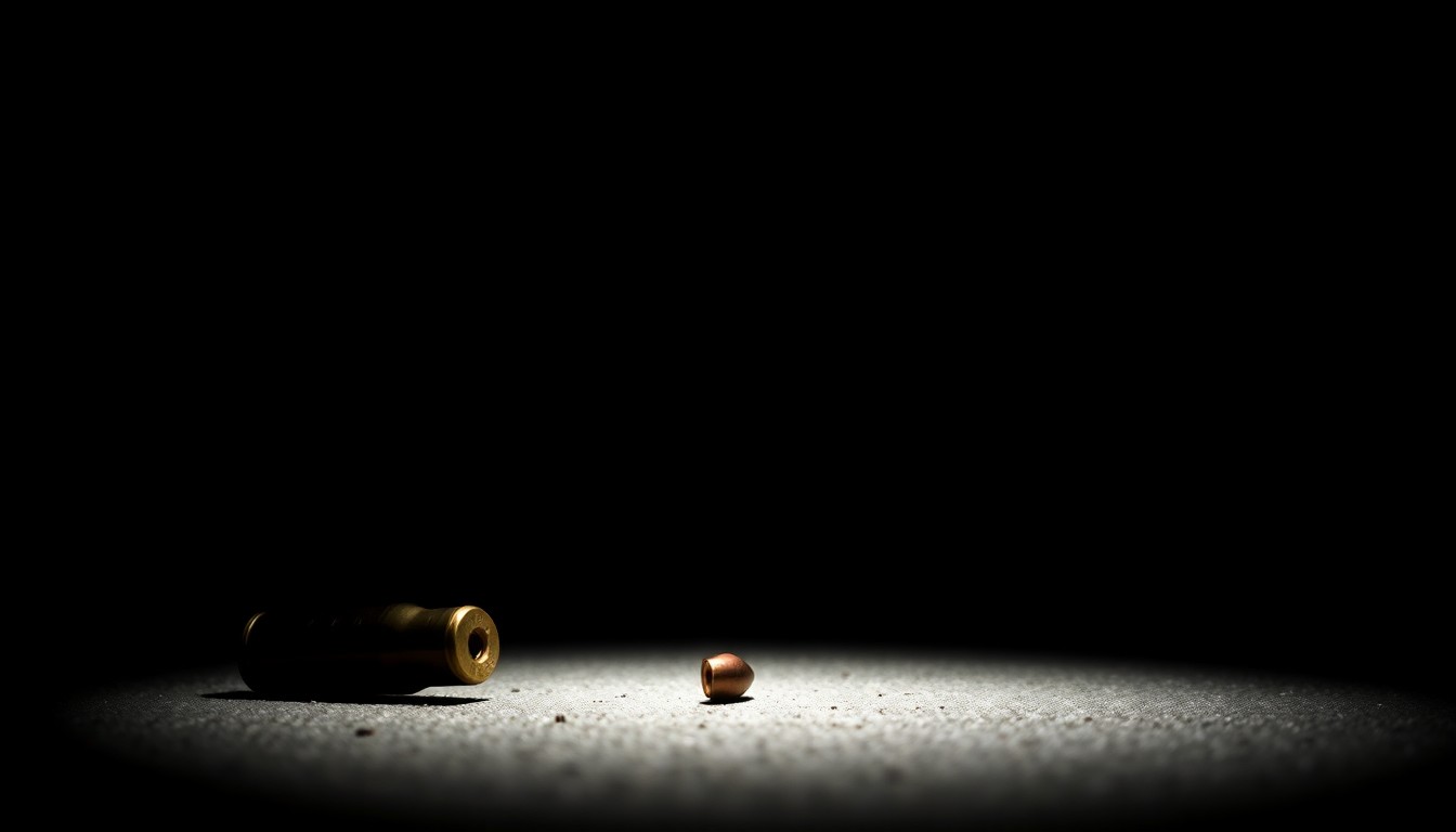 An extreme close-up photograph of a single spent .223-caliber shell casing lying on the ground, lit by a harsh, direct camera flash against a pitch-black background, conceptually illustrating the aftermath of a deadly shooting.