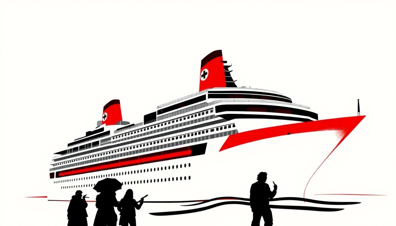 An abstract, minimalist illustration featuring bold, jagged shapes and silhouettes in high-contrast red and white, conceptually representing the energy and spirit of a 90s/2000s rock music festival cruise.