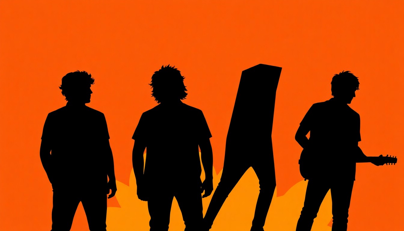 A striking abstract illustration featuring overlapping black silhouettes of three figures, representing the members of the indie rock band Rec Hall, set against a vibrant background of warm orange and yellow hues, conveying the band's energetic and sun-drenched musical style.