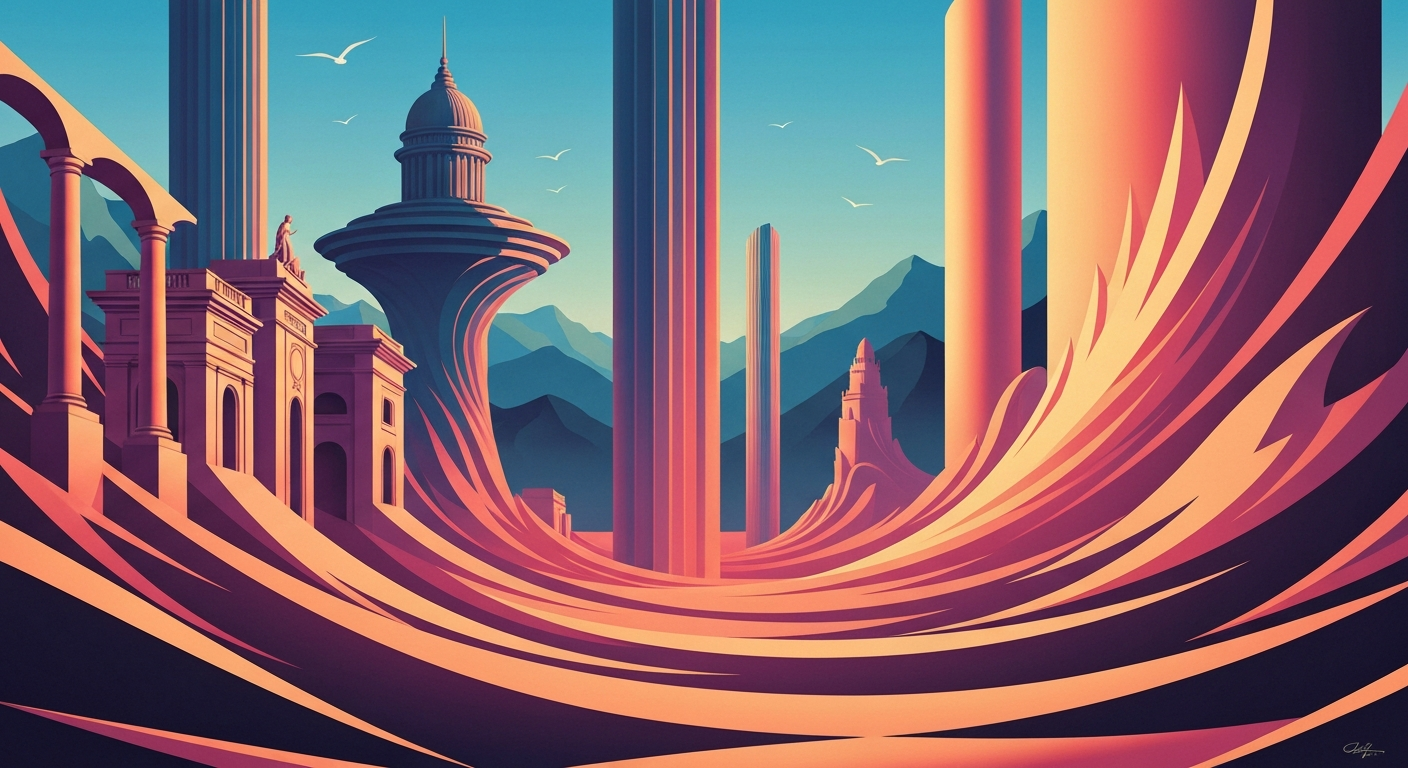 A bold, geometric illustration in the Art Deco style, featuring sweeping, smooth gradients and towering, streamlined architectural forms that evoke the grand scale and romantic spirit of travel, without any literal depiction of people, places, or text.