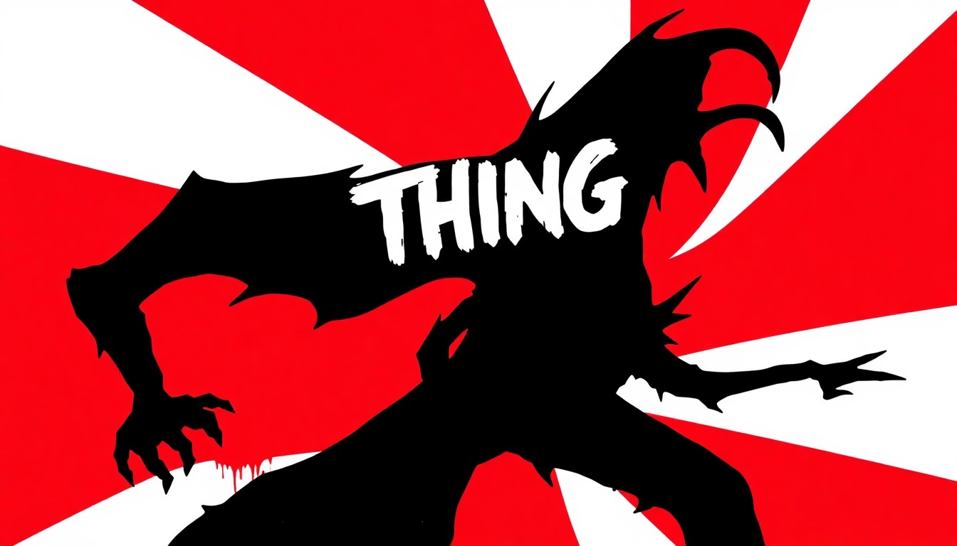 An abstract, minimalist illustration featuring stark black silhouettes of guitars, drums, and other rock instruments against a high-contrast red and white background, capturing the raw, energetic essence of The Thing's music.