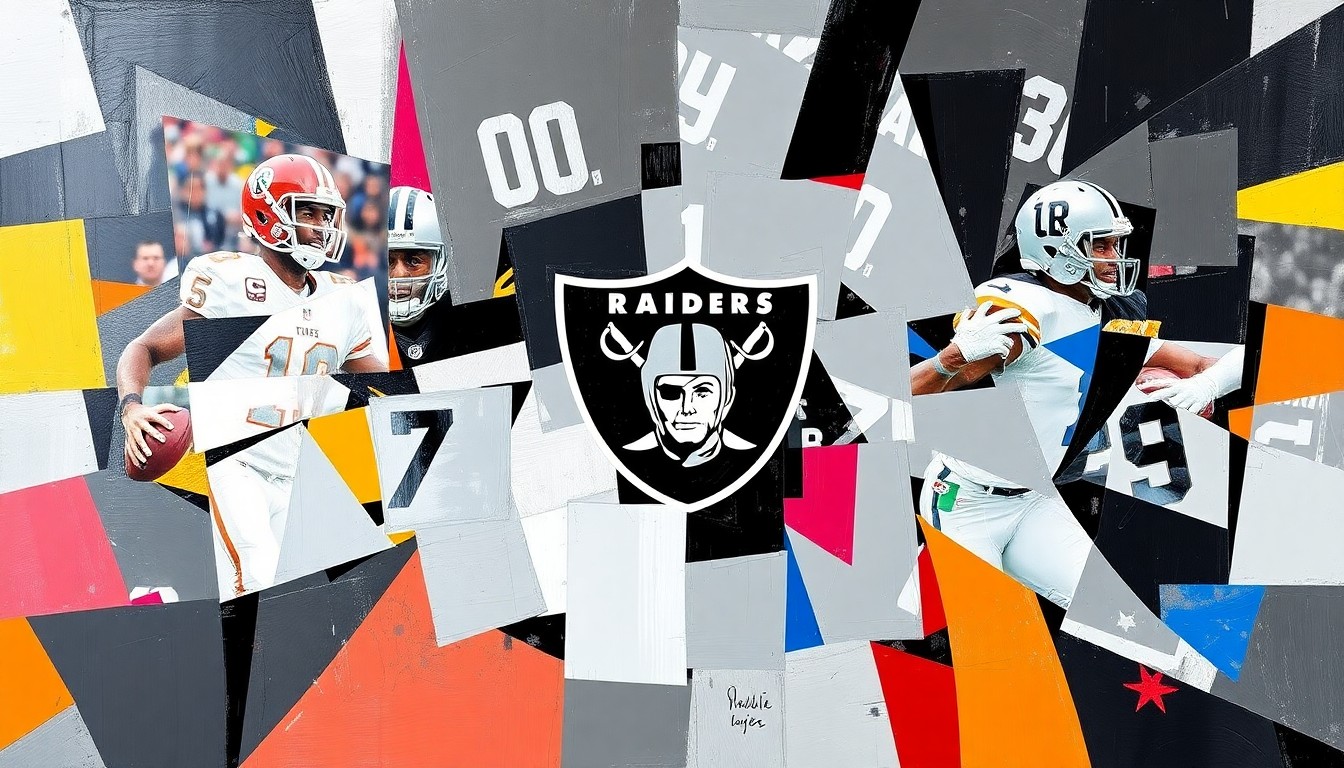 A fragmented, geometric painting in the style of Pablo Picasso, using sharp planes of silver, black, and other bold colors to abstractly represent the Raiders' draft statistics and history without any text or identifiable elements.