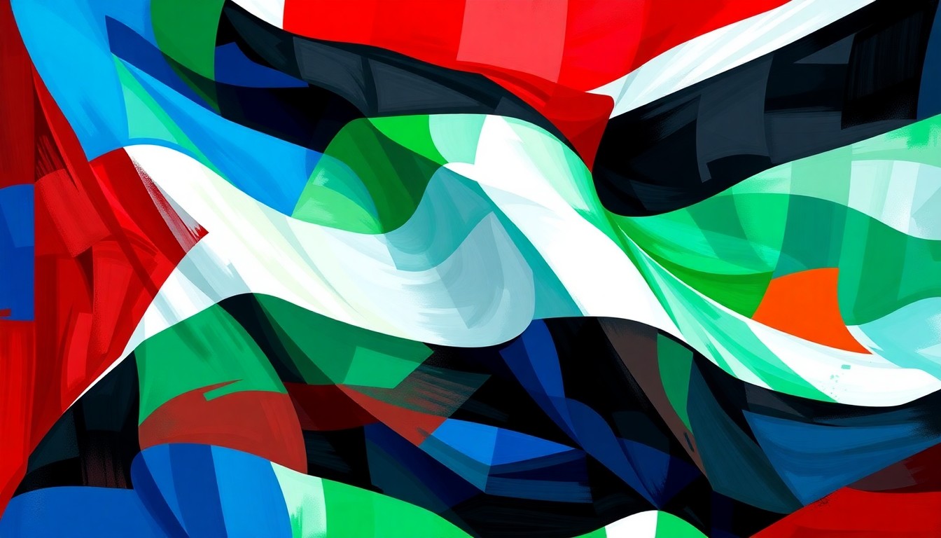 A vibrant, fractured painting of a Palestinian flag waving in the wind, with overlapping geometric shapes and waves of blue, green, red, and black colors, conceptually representing the political tensions and controversy surrounding a student group's decision to host a convicted terrorist at a cultural event.