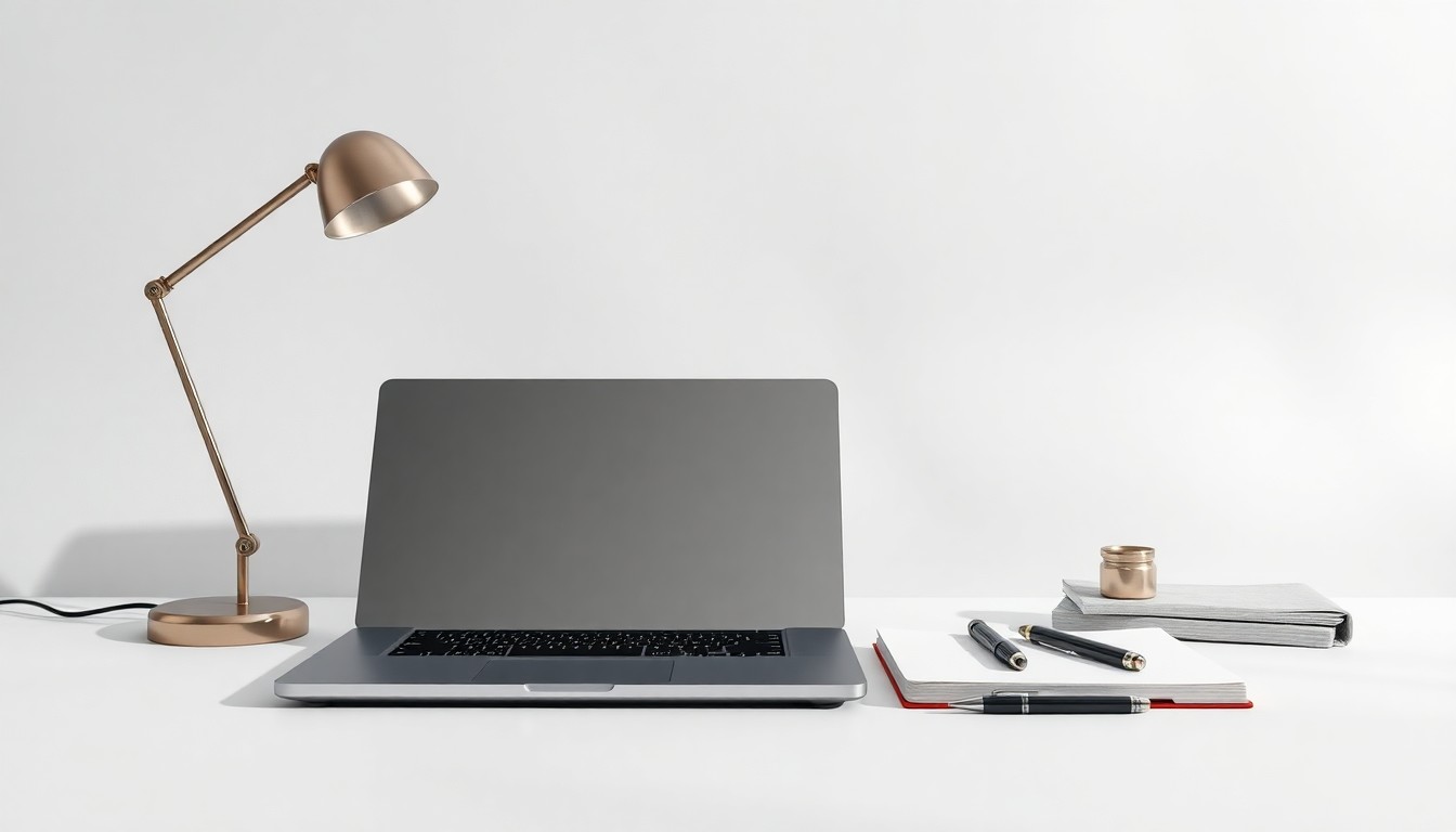 A minimalist studio still life featuring a collection of polished, geometric business objects like a metal desk lamp, laptop, and premium pen and notebook set, arranged elegantly on a clean, monochromatic background to conceptually represent corporate investment and strategy.