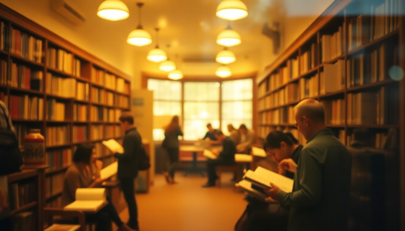 An abstract, out-of-focus scene of people browsing bookshelves and reading in a cozy library setting, captured in a soft, hazy style that evokes the community-oriented atmosphere of the space.