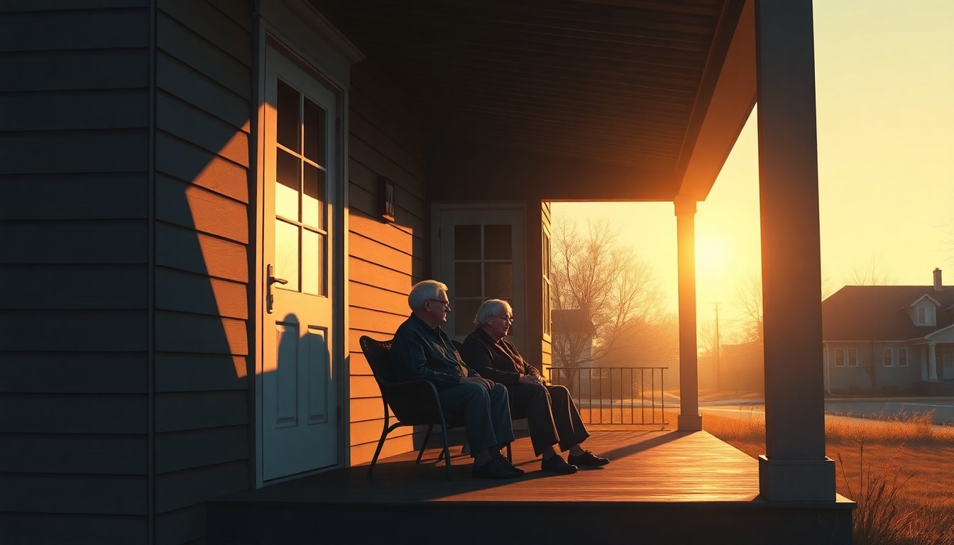 A serene, nostalgic painting depicting an elderly couple sitting on the porch of their modest home, the warm light and deep shadows creating a contemplative mood that reflects the challenges facing senior homeowners in Iowa.