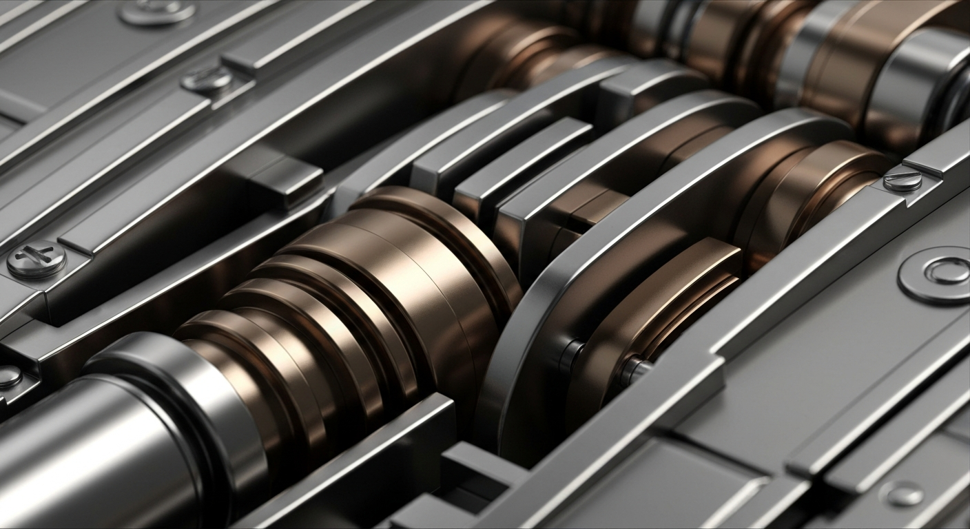 An extreme close-up of intricate, metallic banking equipment and mechanisms, conveying the scale and sophistication of Alphabet's financial operations.