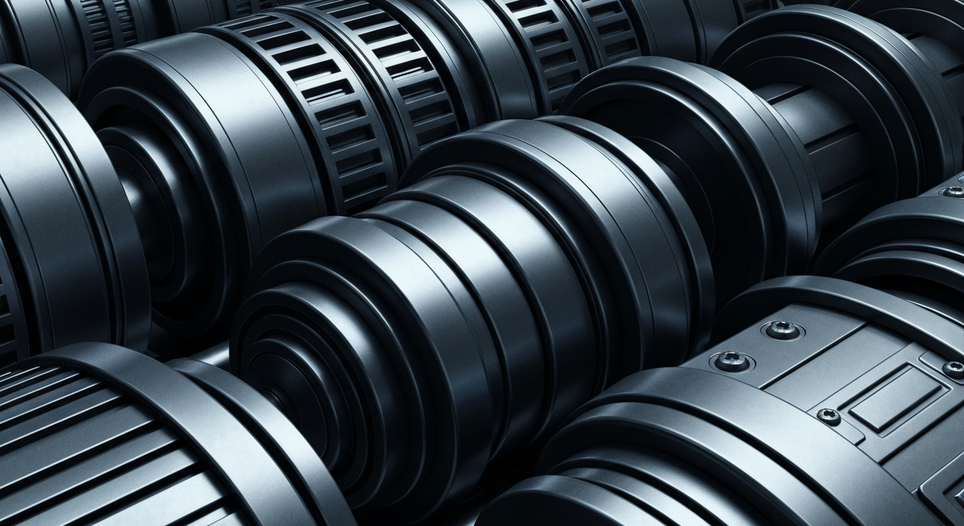 A cinematic close-up of heavy, metallic banking and financial machinery in shades of gunmetal grey, steel blue, and black, conveying a sense of institutional strength and financial stability without using literal currency or charts.