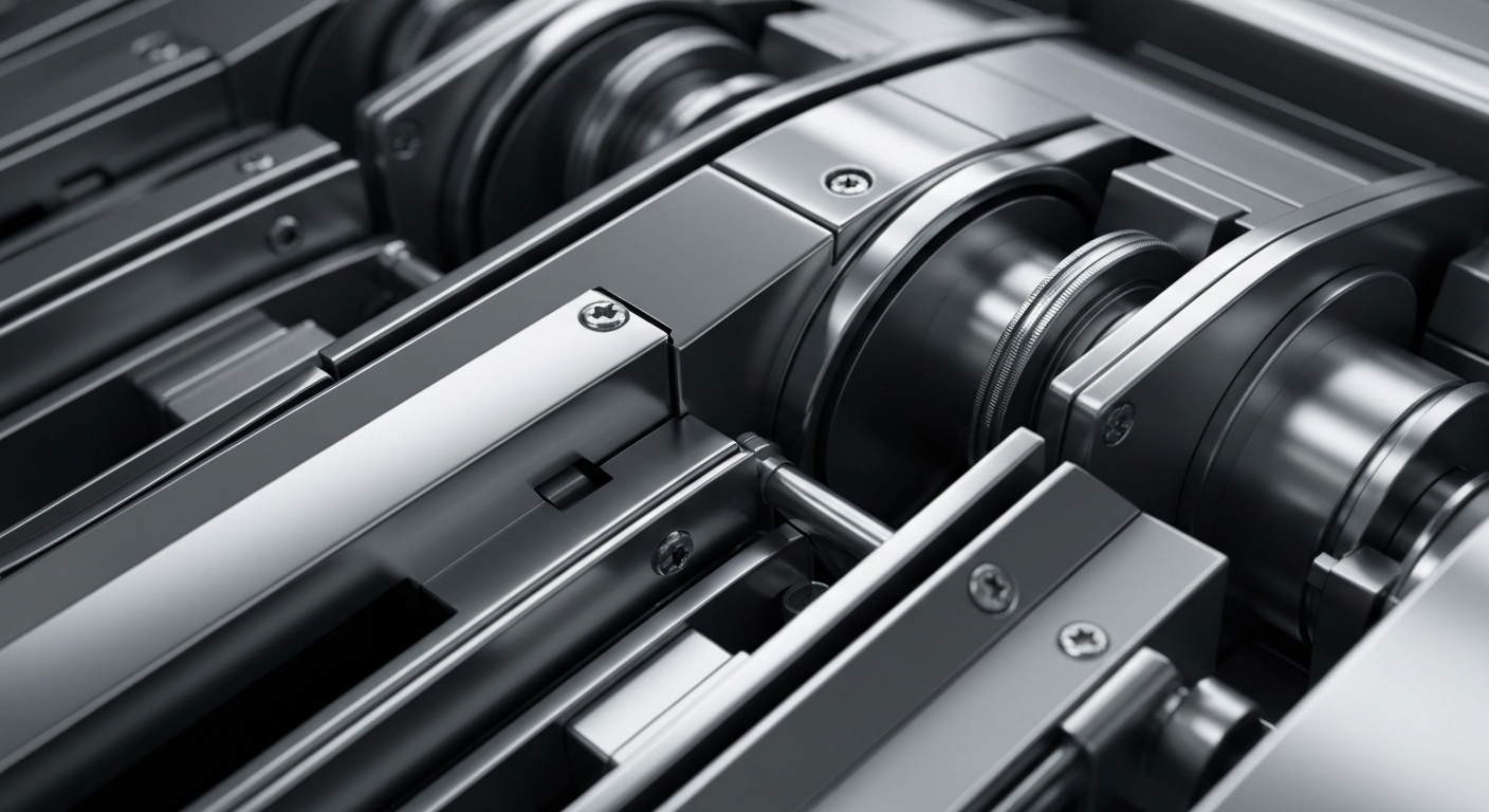 An extreme, cinematic close-up of heavy, tangible banking mechanics and objects in shades of silver, steel, and chrome, representing the secure, institutional nature of Walmart's financial operations.