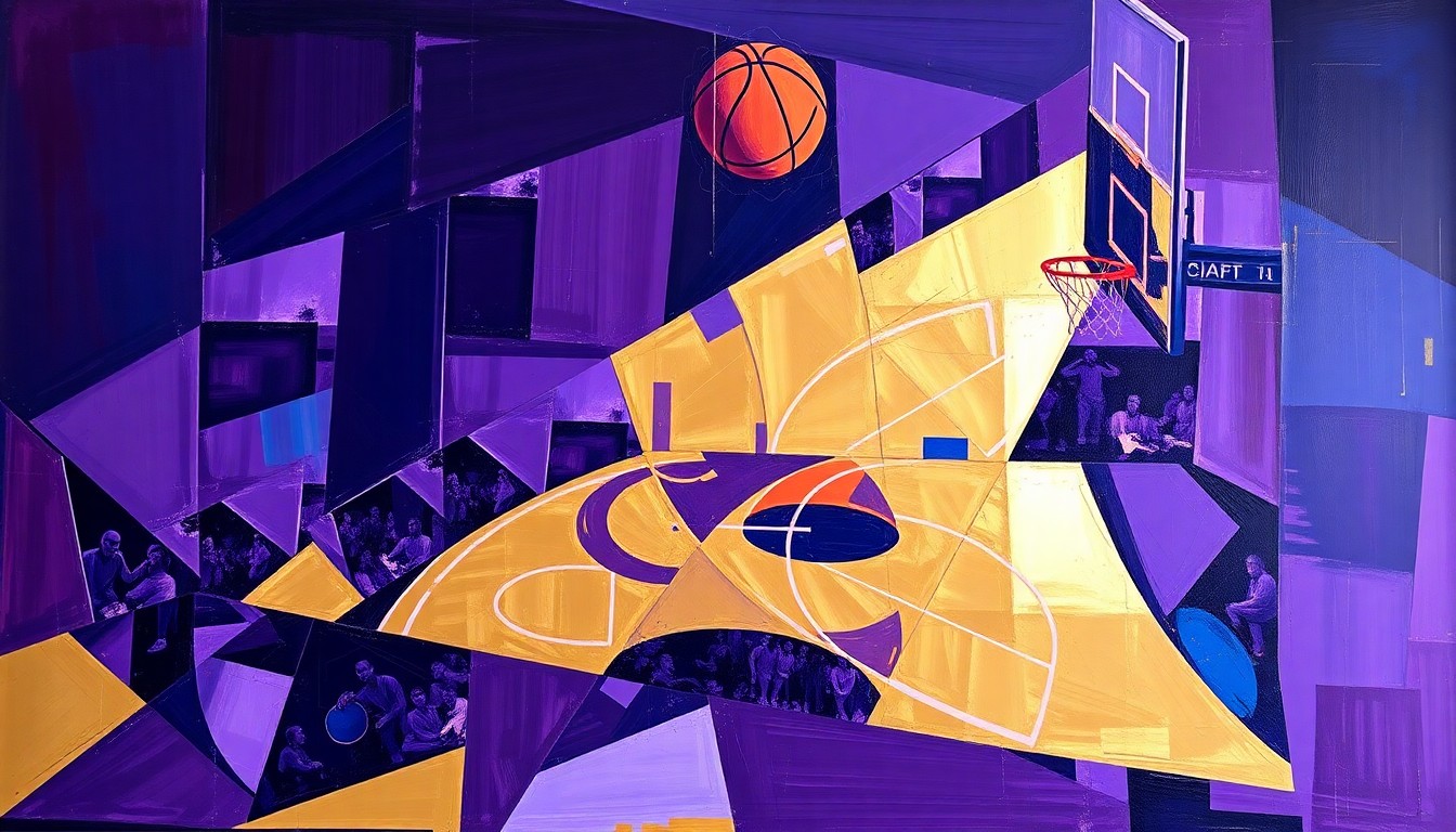 A cubist, geometric painting depicting a basketball game in progress, with the players and court broken down into sharp, overlapping planes of deep purple, navy blue, and metallic gold, conveying the intensity and complexity of the playoffs.