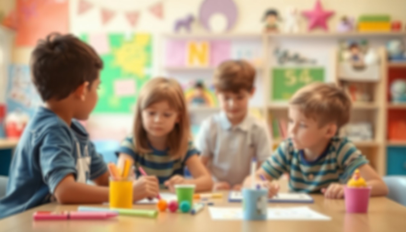 An abstract, out-of-focus photograph in soft, warm tones showing a playful scene of children engaged in an after-school activity, conceptually representing the new state program to increase access to affordable childcare.