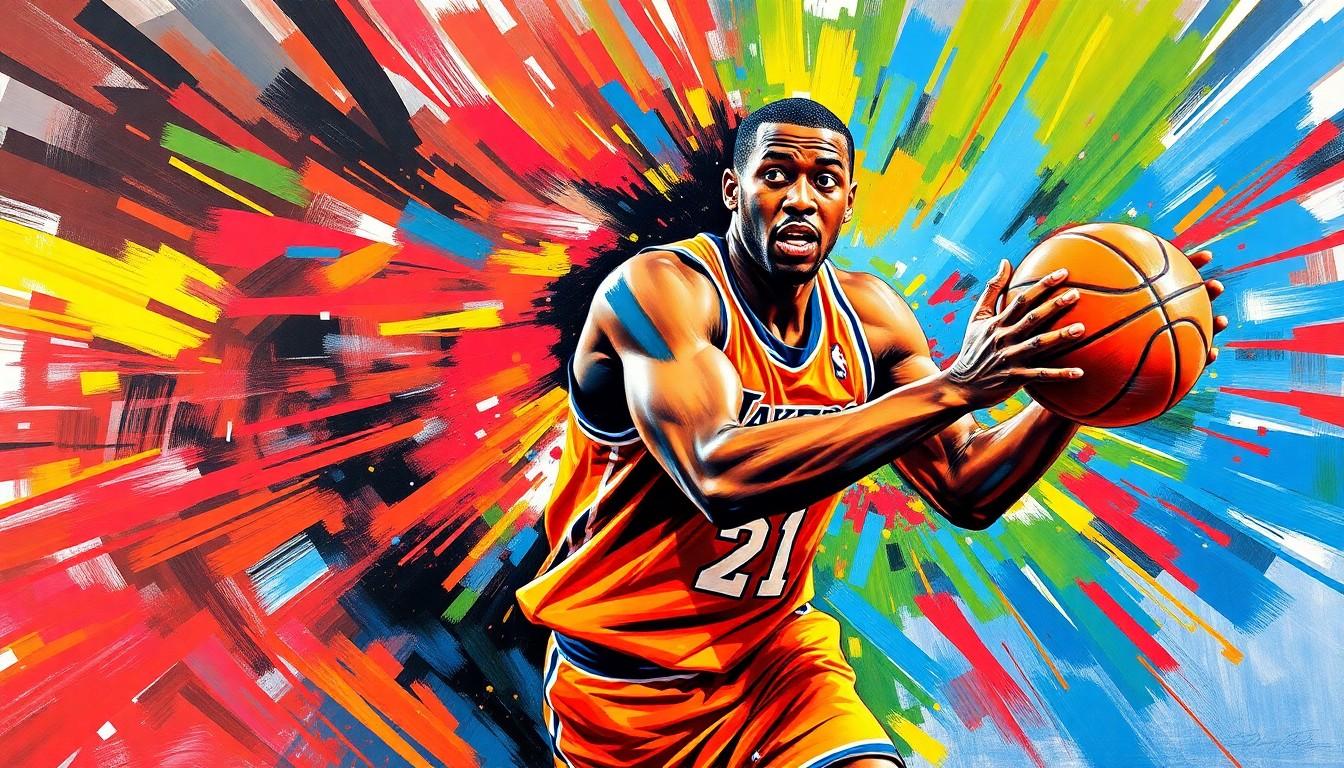 A dynamic, abstract painting featuring bold, neon-colored brushstrokes that capture the explosive movements and raw energy of a professional basketball player in action.